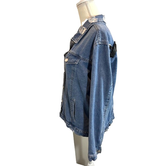 Crave Fame Women Button Up Jean Jacket Long Sleeve Stressed Size L Black Ribbon - Picture 2 of 6